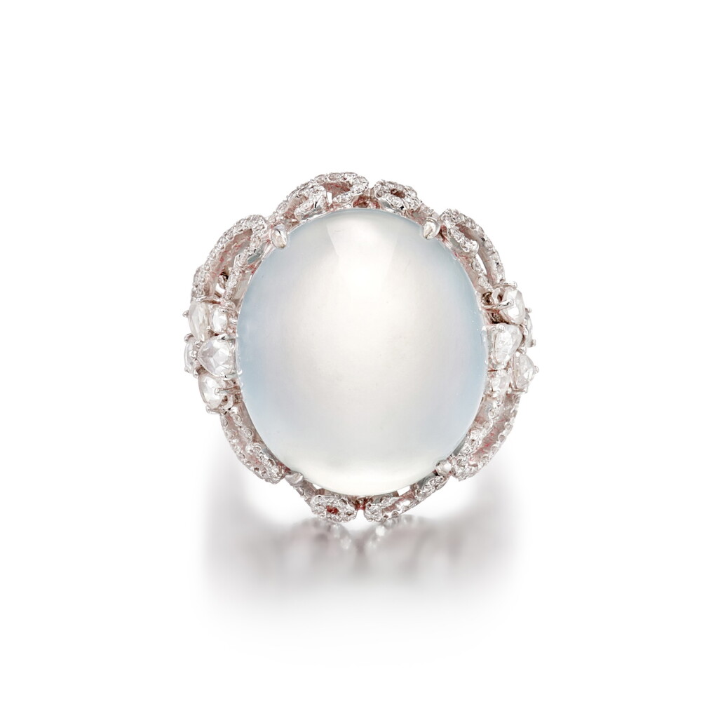 View full screen - View 1 of Lot 1707. Icy Jadeite and Diamond Ring | 天然冰種翡翠 配 鑽石 戒指.