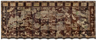 View full screen - View 1 of Lot 379. A twelve-panel lacquer 'figural' Coromandel screen, Qing dynasty, Kangxi period | 清康熙 髹漆加彩刻漢宮春曉圖十二扇屏風.