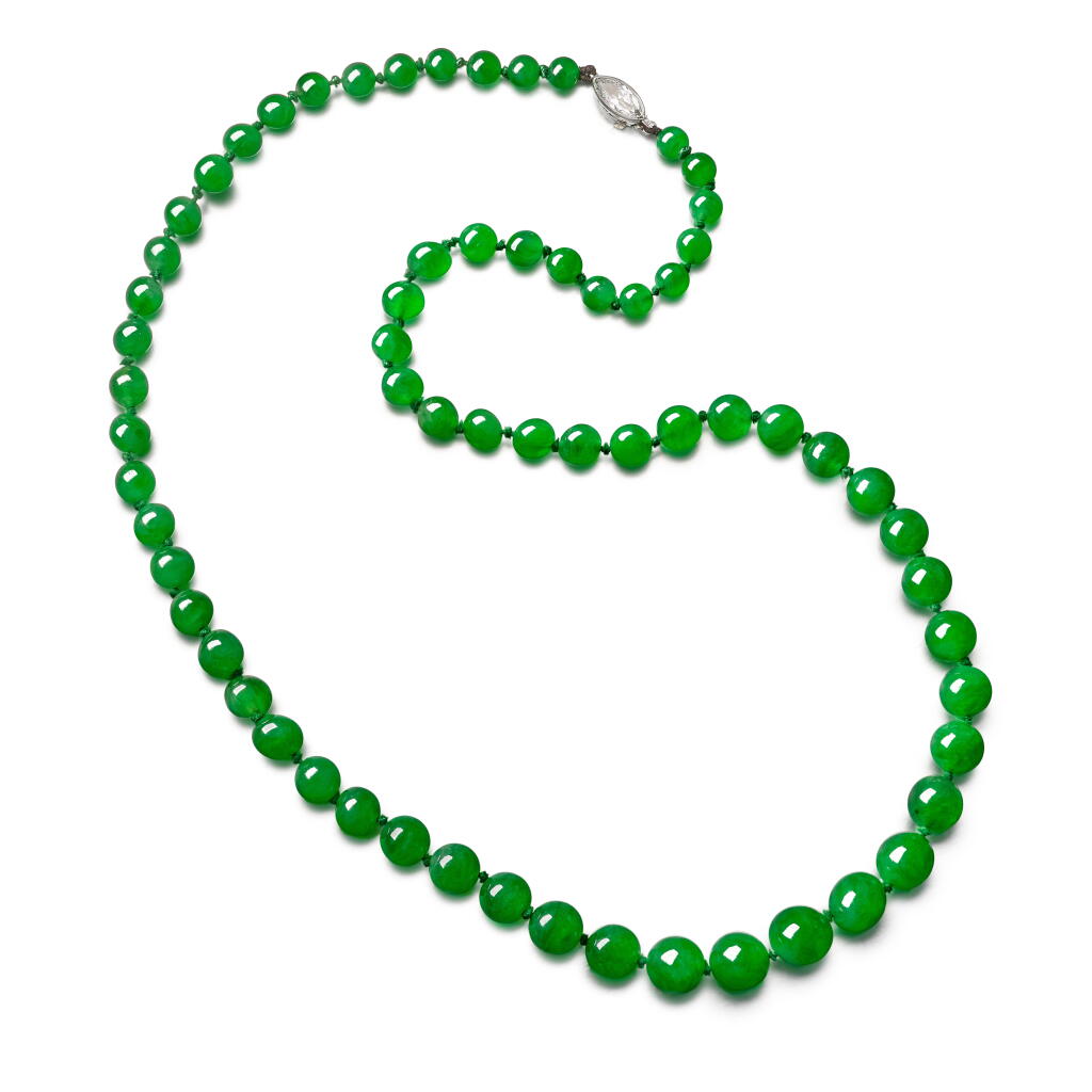 View full screen - View 1 of Lot 1273. JADEITE BEAD AND DIAMOND NECKLACE, CLASP BY TIFFANY & CO. | 天然翡翠珠 配 鑽石 項鏈, 配 蒂芙尼鏈扣.