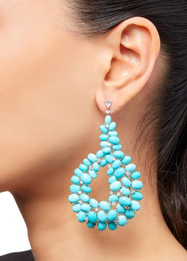 View full screen - View 1 of Lot 286. Pair of Turquoise and Diamond Earrings.