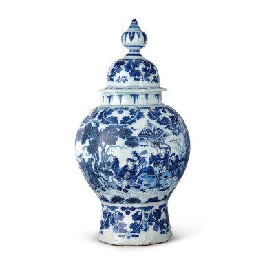 View full screen - View 1 of Lot 518. A DUTCH DELFT BLUE AND WHITE OCTAGAONAL BALUSTER VASE AND COVER, LATE 17TH CENTURY.