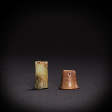 View full screen - View 1 of Lot 9421. Two celadon jade ear rings, Shang dynasty | 商 青玉珥珰兩件.
