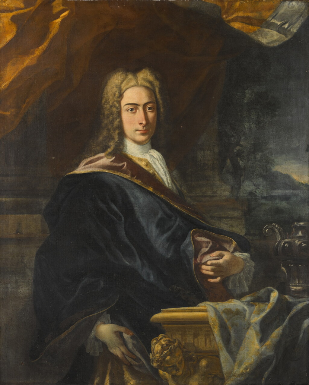 View full screen - View 1 of Lot 67. Portrait of Robert Jones (1706–1742), three-quarter-length, standing next to a baroque gilt table with a classical landscape beyond.