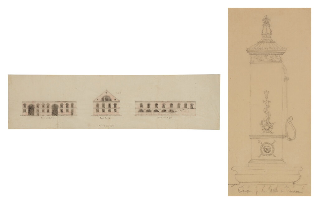 View full screen - View 1 of Lot 387. Two designs: A) The façade of a building B) A pump.