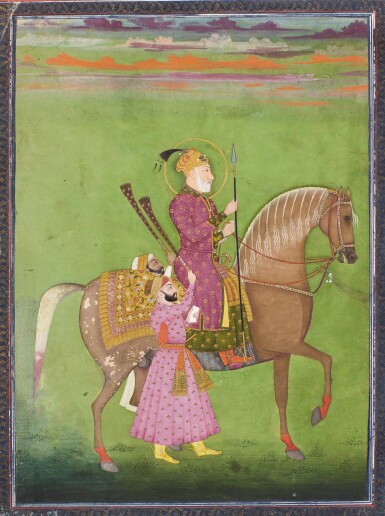 View full screen - View 1 of Lot 67. AN EQUESTRIAN PORTRAIT OF EMPEROR BAHADUR SHAH (R.1707-12) WITH ATTENDANTS, WITH A CALLIGRAHY ON THE REVERSE, INDIA, MUGHAL, 18TH CENTURY.