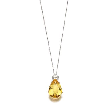 View full screen - View 1 of Lot 199. HELIODOR AND DIAMOND PENDANT NECKLACE.