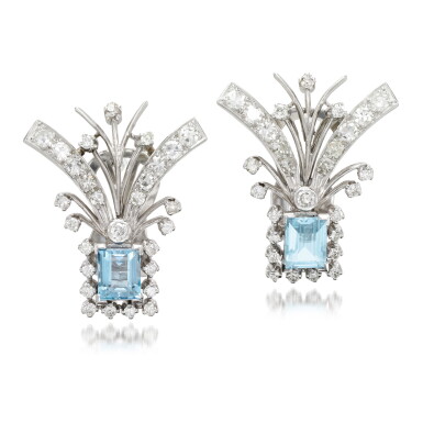 View full screen - View 1 of Lot 194. Pair of aquamarine and diamond earrings, 1960s.