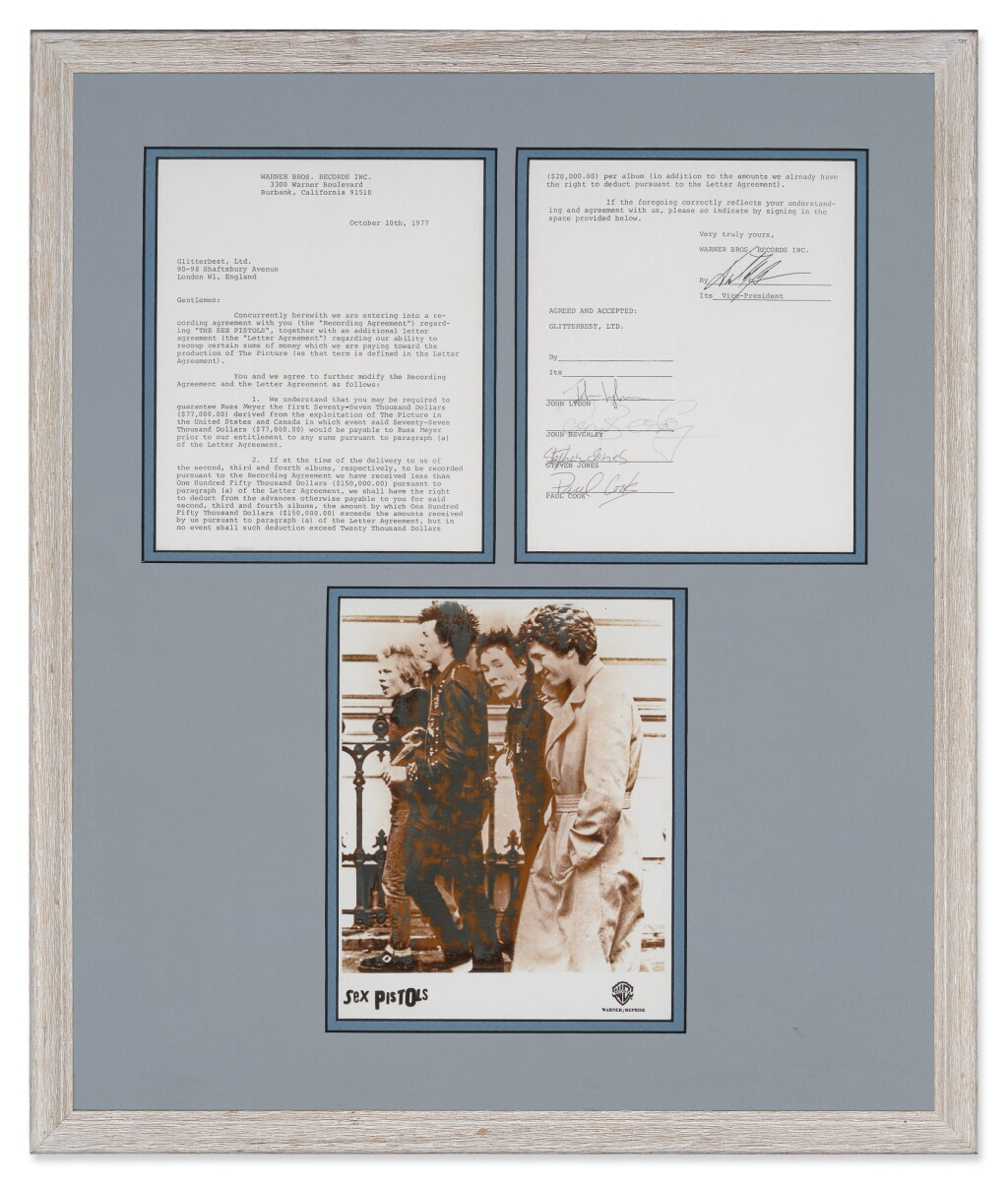 View full screen - View 1 of Lot 97. Sex Pistols | A signed recording contract with Warner Bros., 10 October 1977.