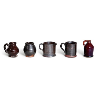View full screen - View 1 of Lot 90. Group of Five Miniature Flint Enamel Glazed Redware Vessels, Pennsylvania, 19th Century.