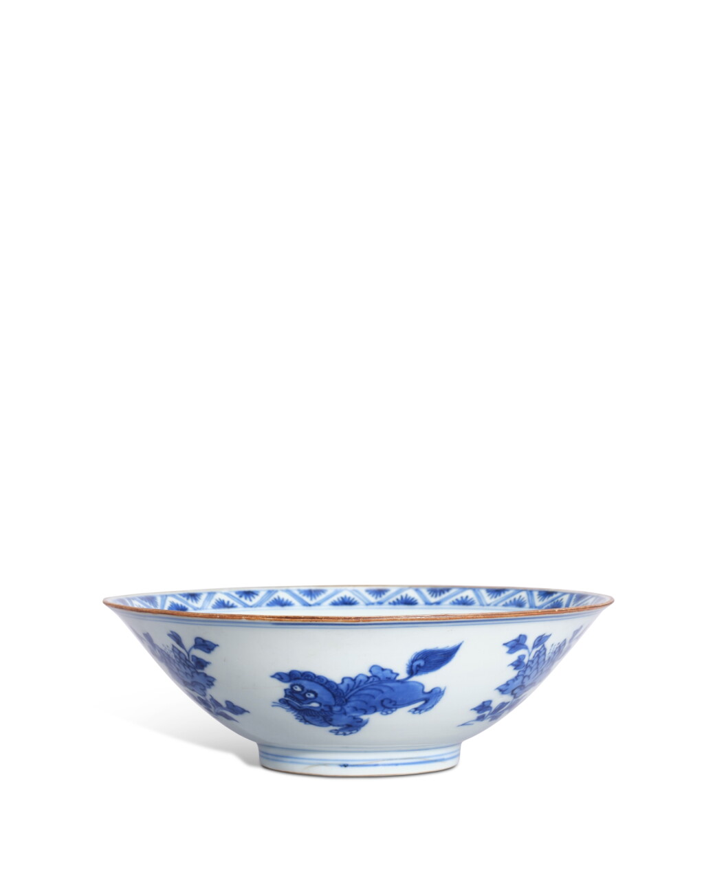 View full screen - View 1 of Lot 5174. A blue and white 'Buddhist lion' bowl, Qing dynasty, Kangxi period | 清康熙 青花折枝牡丹獅子紋盌 《大明嘉靖年製》仿款.