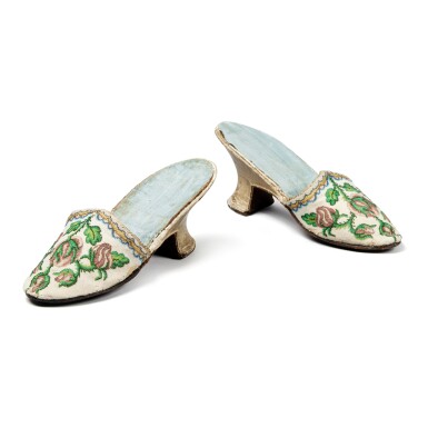 View full screen - View 1 of Lot 7. One Pair of French Beadwork Silk and Leather Ladies' Mules, Late 18th Century.