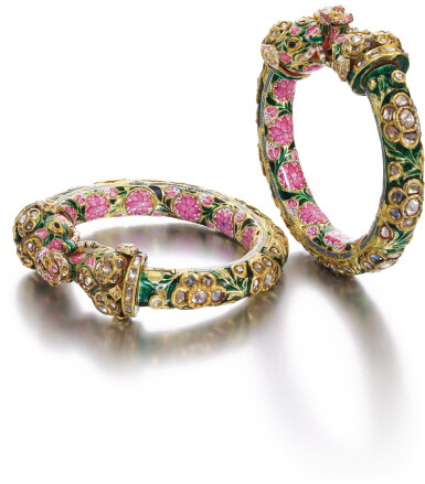 View full screen - View 1 of Lot 258. A PAIR OF GEM-SET AND ENAMELLED BRACELETS (KADA), BENARES, NORTH INDIA, 19TH CENTURY.