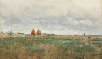 IVAN PAVLOVICH POKHITONOV | LANDSCAPE WITH HAYSTACKS AND A FLOCK OF SHEEP