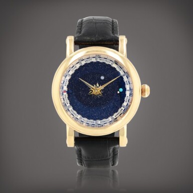 View full screen - View 1 of Lot 118. Montre bracelet astronomique en or rose avec calendrier et signes du zodiaque | Pink gold astrological wristwatch with calendar and zodiac signs Vers 2006 | Circa 2006.