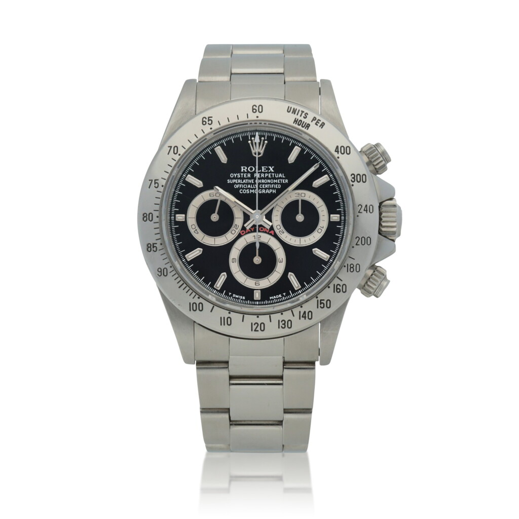 View full screen - View 1 of Lot 59. 'Patrizzi Dial Zenith' Daytona, Ref. 16520, Stainless steel chronograph wristwatch with bracelet and 'tropical' subsidiary dials Circa 1994 | 勞力士 | 16520型號「'Patrizzi Dial Zenith' Daytona」精鋼計時鍊帶腕錶配熱帶小錶盤,約1994年製.