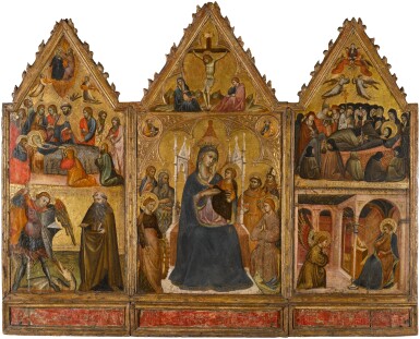 View full screen - View 1 of Lot 2. A triptych: The Virgin and Child enthroned with Saints and scenes from the lives of the Virgin and St Clare.