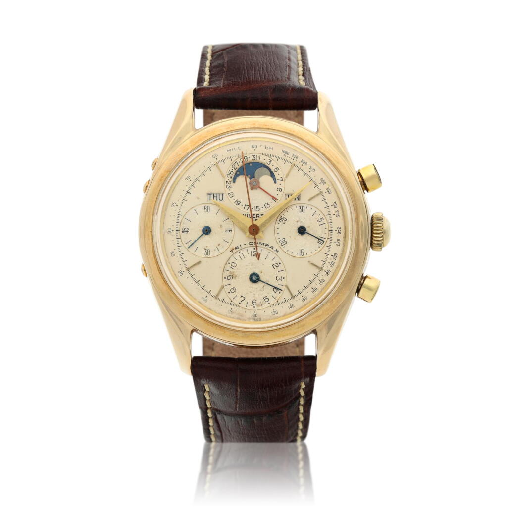 View full screen - View 1 of Lot 205. Reference 330.194 Tri-Compax, A yellow gold triple calendar chronograph wristwatch with moon phases, Circa 1955.