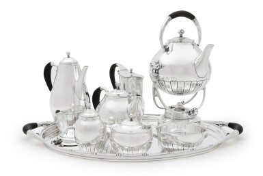 View full screen - View 1 of Lot 40. An eight-piece Danish silver Cosmos pattern tea and coffee set, No. 45, with similar tray, No. 251C, Georg Jensen Silversmithy, Copenhagen, 20th century.