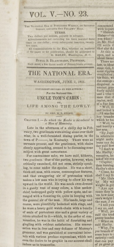 View full screen - View 1 of Lot 88. STOWE, HARRIET BEECHER |Uncle Tom's Cabin: or, Life Among the Lowly, serialized in The National Era. Washington D. C.: G. Bailey, June 5, 1851–April 1, 1852.