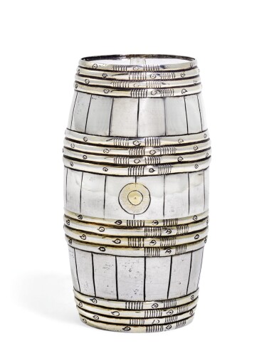 View full screen - View 1 of Lot 22. A Parcel-gilt silver barrel-shaped double beaker, unmarked, probably German, circa 1700.
