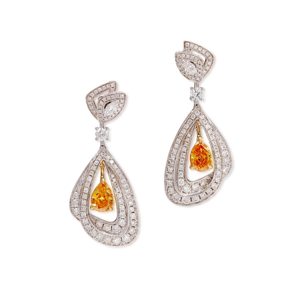 View full screen - View 1 of Lot 1700. Pair of Fancy Vivid Yellow Orange Diamond and Diamond Pendent Earrings | 0.50及0.51克拉 艷彩黃橙色鑽石 配 鑽石 耳墜一對.