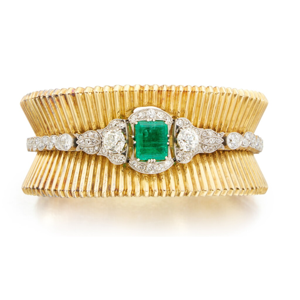 View full screen - View 1 of Lot 56. Gold, Emerald and Diamond Cuff-Bracelet.