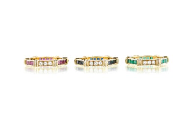 View full screen - View 1 of Lot 62. Three gem set and diamond rings | Trois bagues pierres de couleur et diamants.