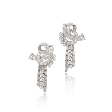View full screen - View 1 of Lot 914. Pair of diamond pendent ear clips, circa 1950.