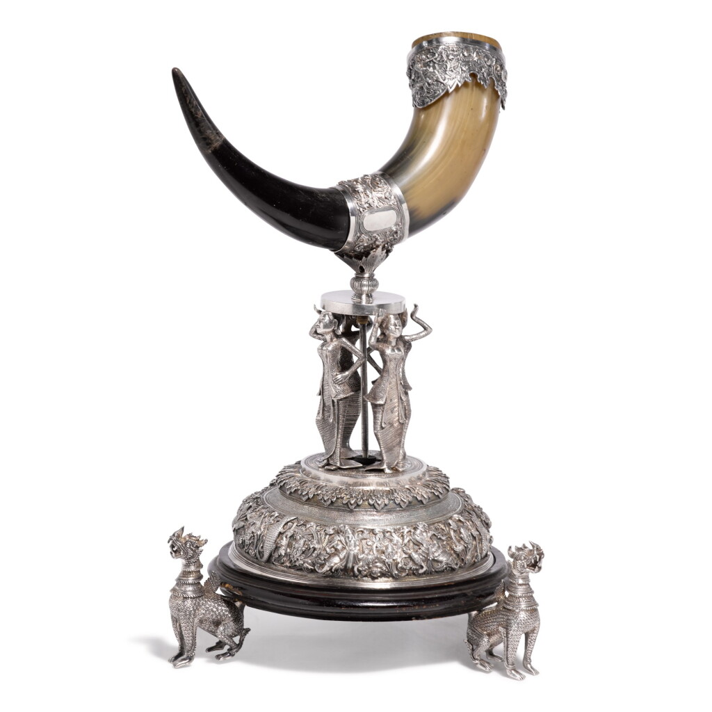 View full screen - View 1 of Lot 342. A Southeast Asian Silver-Mounted Horn, Possibly Thai or Burmese, Late 19th-Early 20th Century.
