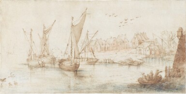 View full screen - View 1 of Lot 250. Boats on the water near a village.
