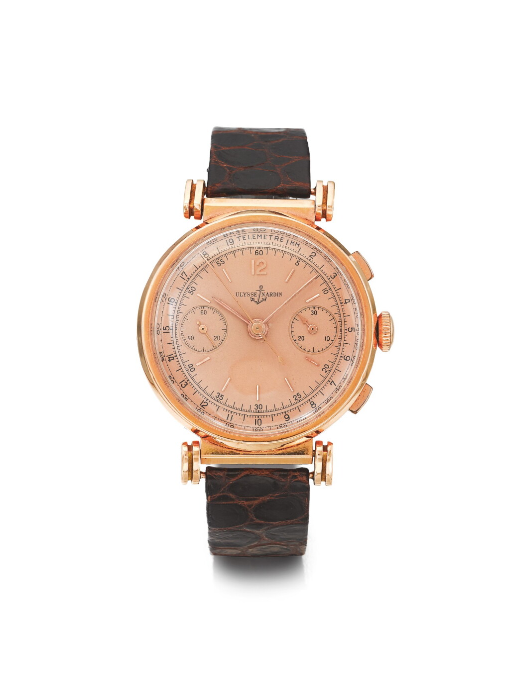 View full screen - View 1 of Lot 153. ULYSSE NARDIN | A PINK GOLD CHRONOGRAPH WRISTWATCH WITH REGISTERS CIRCA 1940.