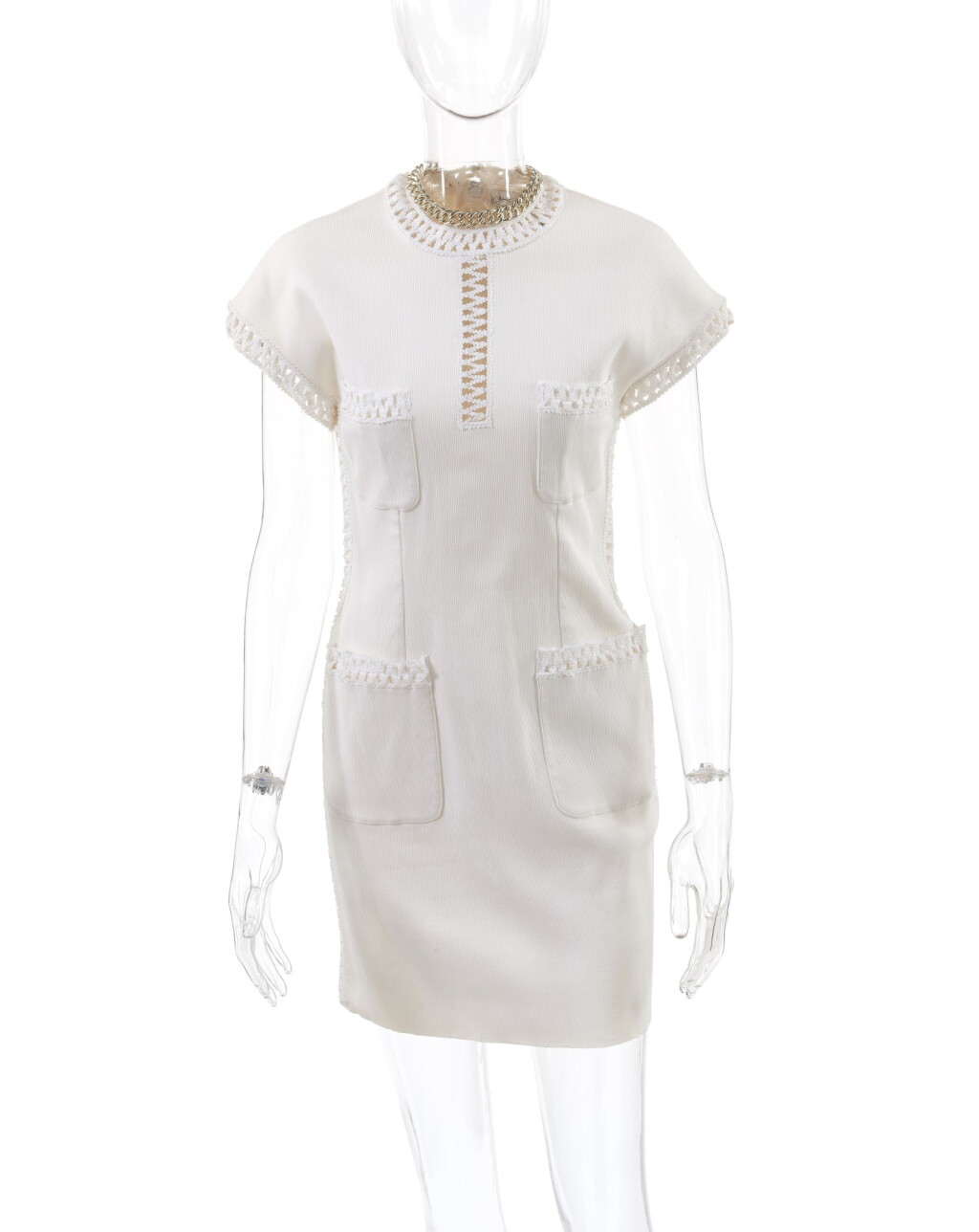 View full screen - View 1 of Lot 19. CHANEL | WHITE EMBELLISHED DRESS AND 'CC' TURNLOCK DEMI-PARURE.