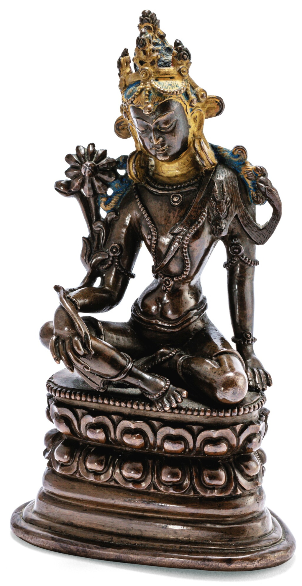 View full screen - View 1 of Lot 20. STATUETTE DE BODHISATTVA EN ALLIAGE DE CUIVRE TIBET, STYLE PALA, CA. XVIIIE SIÈCLE | 西藏 約十八世紀 銅合金帕拉式菩薩坐像 | A copper-alloy Pala style figure of Bodhisattva, Tibet, ca. 18th century.