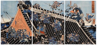 View full screen - View 1 of Lot 74. Utagawa Kunisada II (1823-1880) | On the Roof of the Horyukaku from the Book The Eight Dog Heroes of Satomi (Satomi hakkenden inu no soshi no uchi, Horyukaku-jo no zu) | Edo period, 19th century.