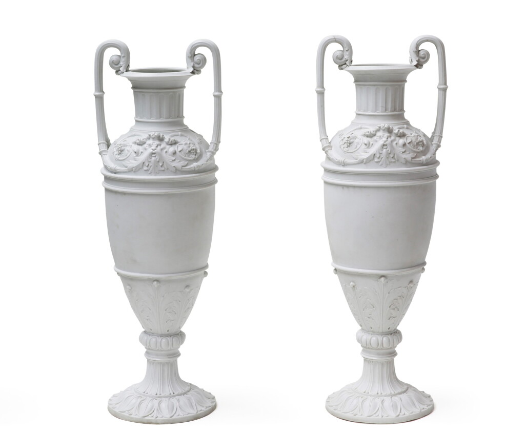 View full screen - View 1 of Lot 124. AN EXCEPTIONAL PAIR OF BISCUIT VASES FROM THE FACTORY OF GILLE JEUNE (1837-1868), PARIS, CIRCA 1865 | EXCEPTIONNELLE PAIRE DE VASES EN BISCUIT DE LA MANUFACTURE DE GILLE JEUNE (1837-1868), PARIS, VERS 1865.