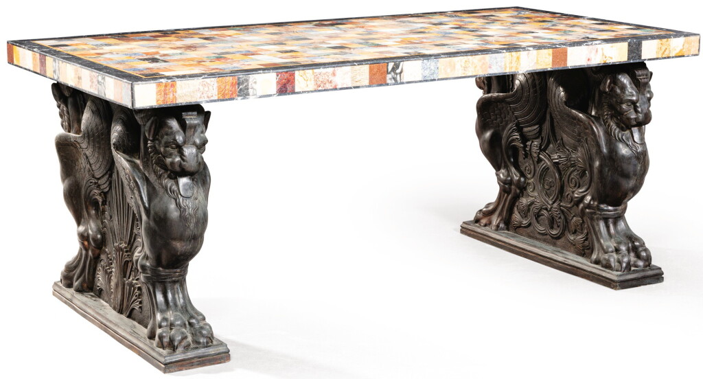 View full screen - View 1 of Lot 14. A PATINATED BRONZE AND SPECIMEN MARBLE CENTRE TABLE IN NEOCLASSICAL STYLE | TABLE DE MILIEU EN MARQUETERIE DE MARBRES ET BRONZE PATINÉ, DE STYLE NÉOCLASSIQUE.