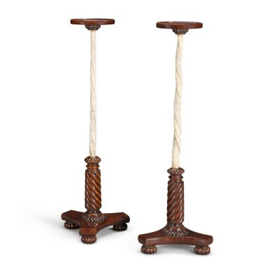 View full screen - View 1 of Lot 160. A pair of William IV narwhal tusk and mahogany torchères, circa 1830.