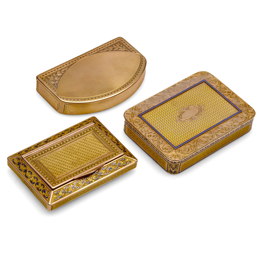 View full screen - View 1 of Lot 1172. A group of three gold and enamel snuff boxes, Hanau, circa 1795-1810.