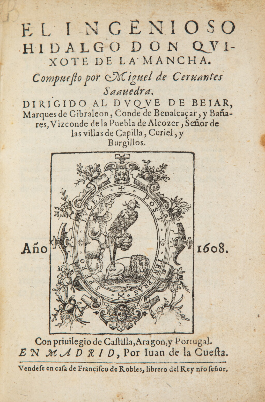 View full screen - View 1 of Lot 16. El Ingenioso hidalgo Don Quixote. Madrid, 1608 et 1615. 2 vol. in-8. Superbe ex. en rel. uniforme du XVIIIe.