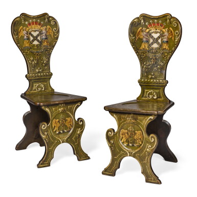 View full screen - View 1 of Lot 83. A pair of George II painted armorial hall chairs, circa 1720.