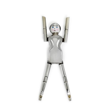 View full screen - View 1 of Lot 91. A pair of silver and enamel 'Dutch Doll' sugar tongs, Cohen & Charles, London, 1925.