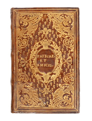 View full screen - View 1 of Lot 62. Martial, Epigrammaton libri XII, Antwerp, Plantin, 1568, Parisian red morocco with motto “Patriae et Amicis”.