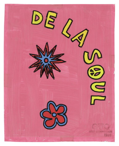View full screen - View 1 of Lot 77. GREY ORGANISATION / TOBY MOTT / DE LA SOUL, "D.A.I.S.Y. AGE" FLOWER STUDY (YELLOW), AND TEXT "D.A.I.S.Y. AGE" TEXT AND FLOWER STUDY (PINK), 1988.