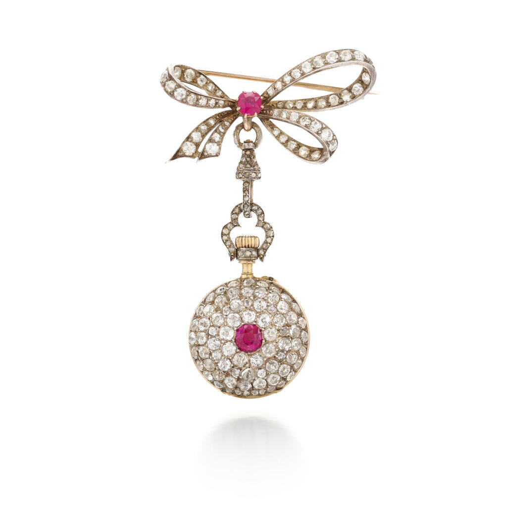 View full screen - View 1 of Lot 24. A yellow gold, diamond and ruby-set brooch watch | Circa 1897.