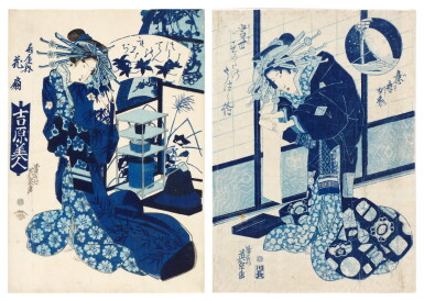 View full screen - View 1 of Lot 71. Keisai Eisen (1790-1848) Two aizuri-e woodblock prints, Edo period, 19th century.