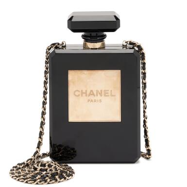 View full screen - View 1 of Lot 150. Black Acrylic and Gold Plexiglass No. 5 Perfume Bottle Minaudière Gold Hardware, 2013-2014.