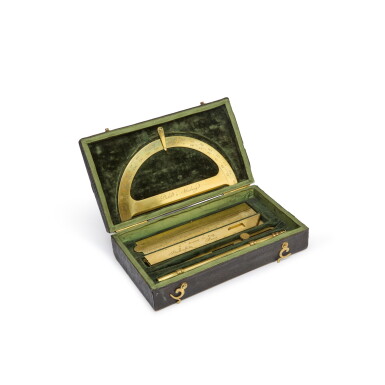 View full screen - View 1 of Lot 107. A set of French engraved-brass and steel drawing instruments, 18th century | Set von Zeichenmaterialien aus graviertem Messing und Stahl, Frankreich, 18. Jh. .