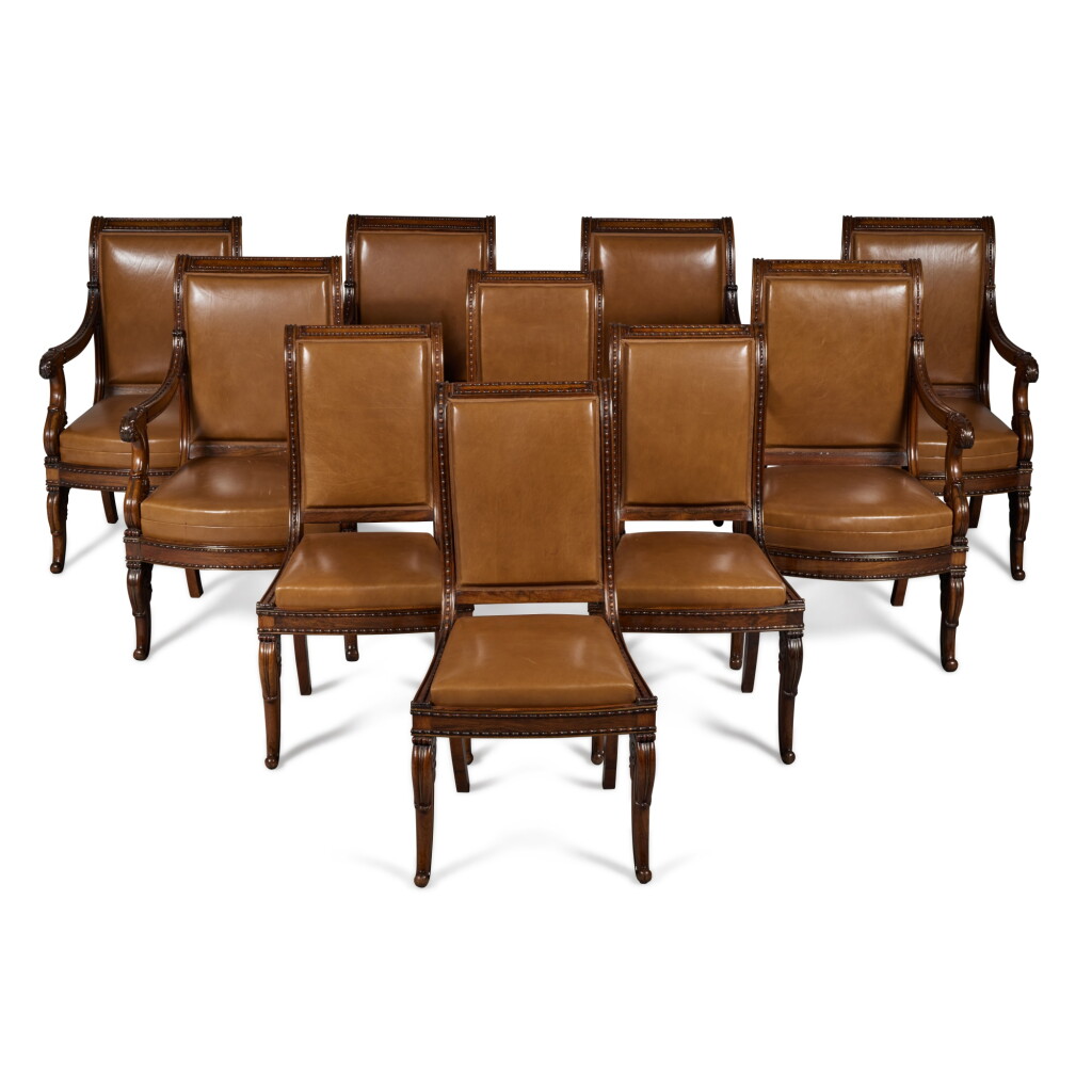 View full screen - View 1 of Lot 69. A Set of Ten French Restauration Brass Inlaid Rosewood Chairs, Second Quarter 19th Century.