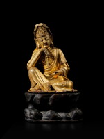 A gilt-bronze figure of 'Water-Moon' Avalokiteshvara and bronze stand, Ming dynasty, 16th century