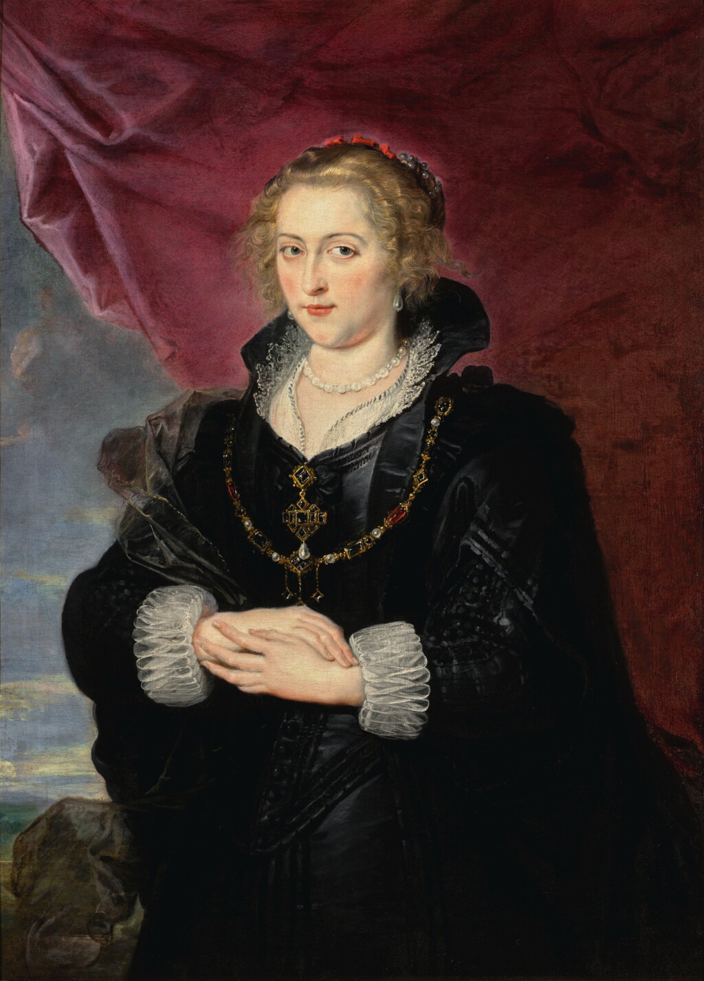 View full screen - View 1 of Lot 43. SIR PETER PAUL RUBENS | PORTRAIT OF A LADY, THREE-QUARTER LENGTH, WEARING AN ELABORATE BLACK DRESS AND CLOAK, BEFORE A RED DRAPE AND A DISTANT LANDSCAPE.